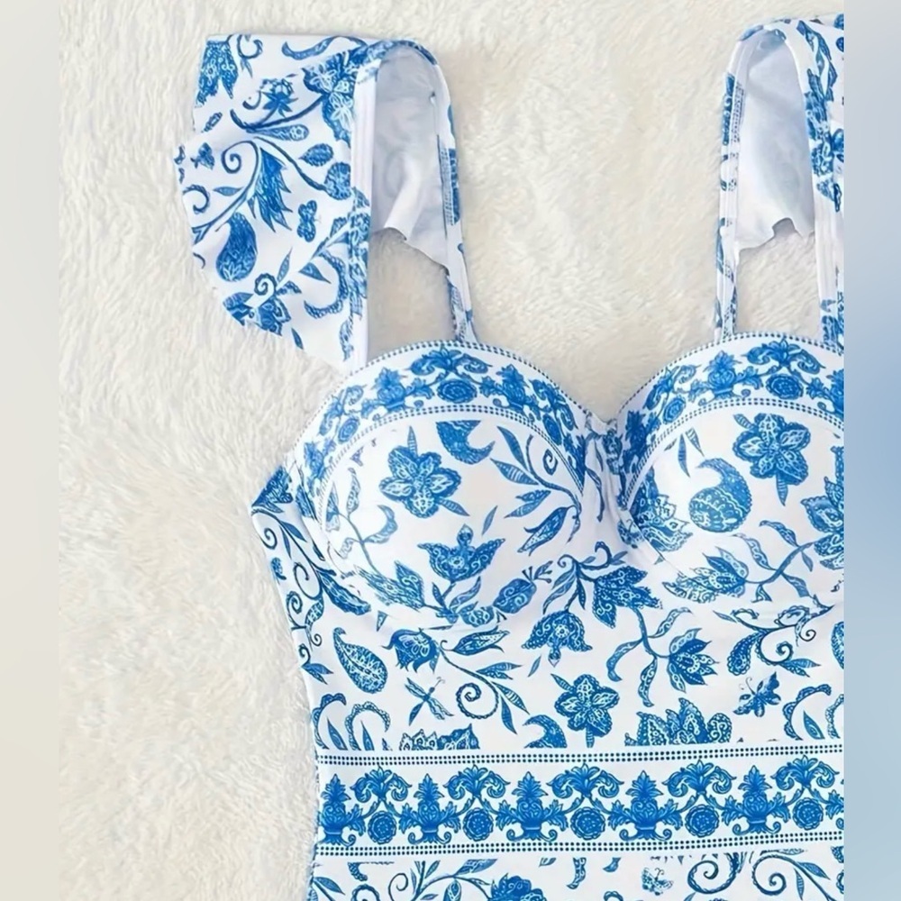 Blue Floral Print V Neck Push Up One Piece Swimsuit - Picture 5 of 8